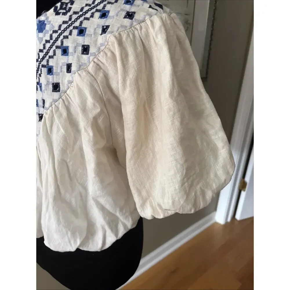 FREE PEOPLE Joni Top S Boho Embroidered Shirred Puff Sleeve Cropped Linen Blu Wh